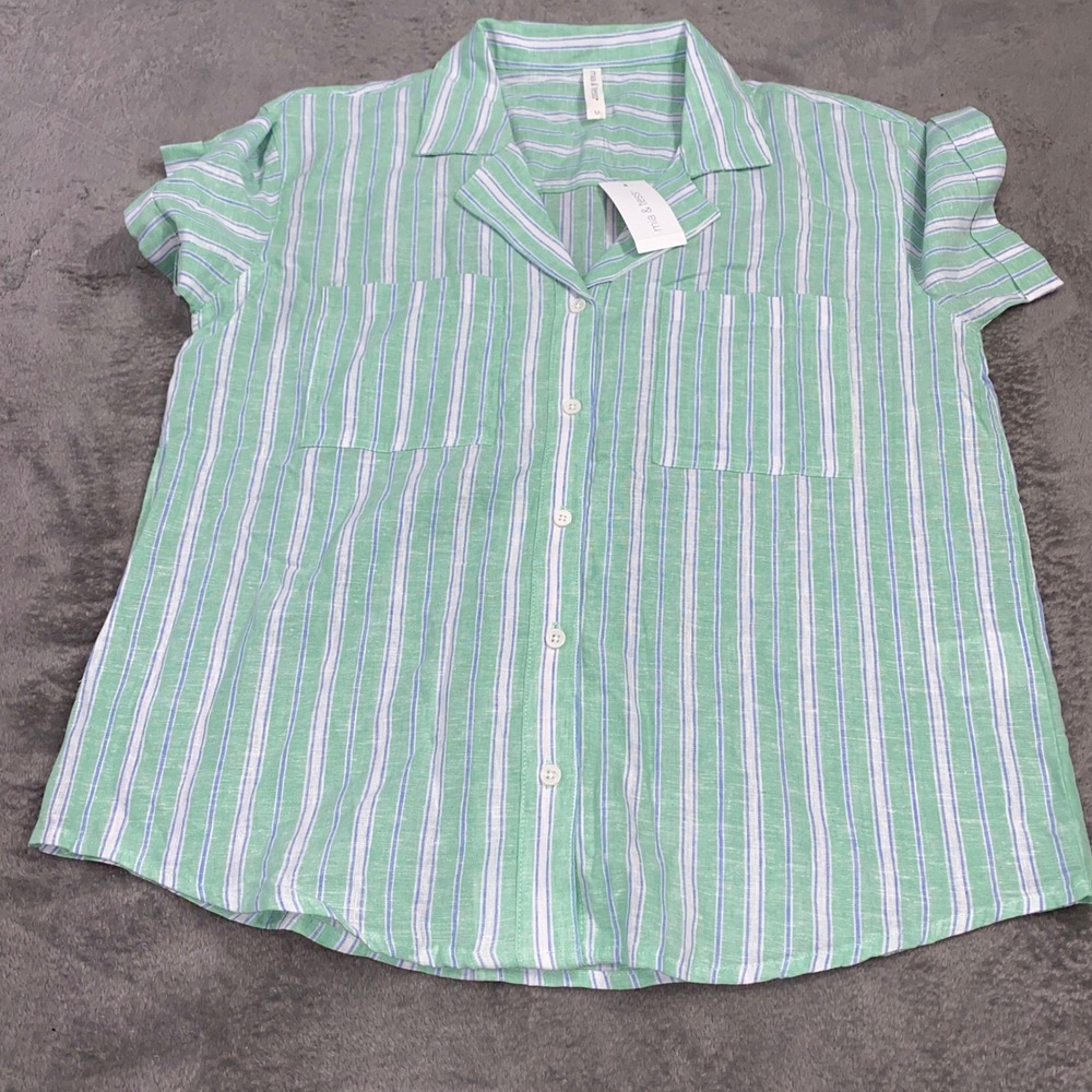 NWT Mia & Tess Button Down Wome's M Mint Blue Striped Linen Blend Camp Shirt